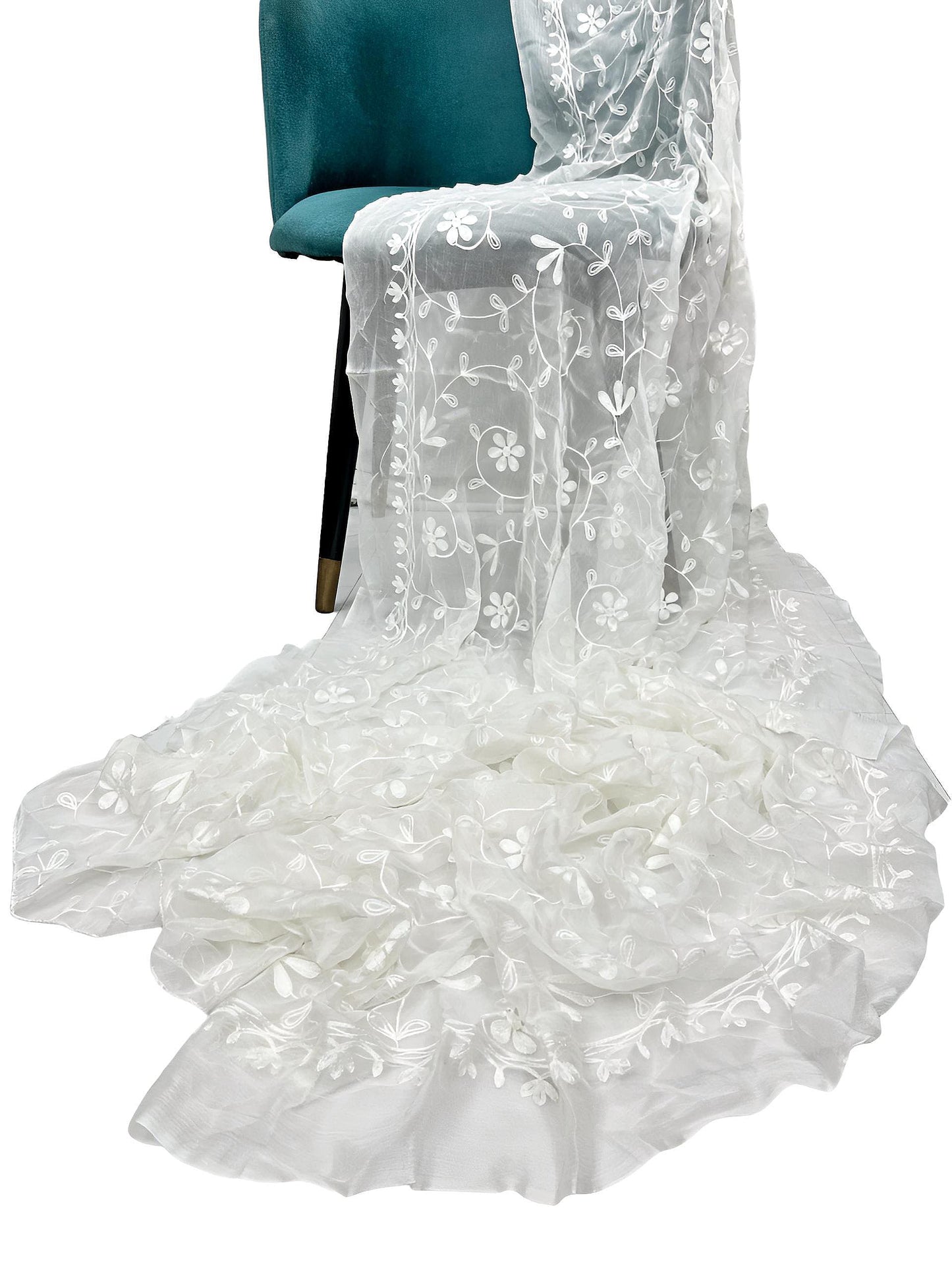 White Floral Embroidered Chiffon Dupatta