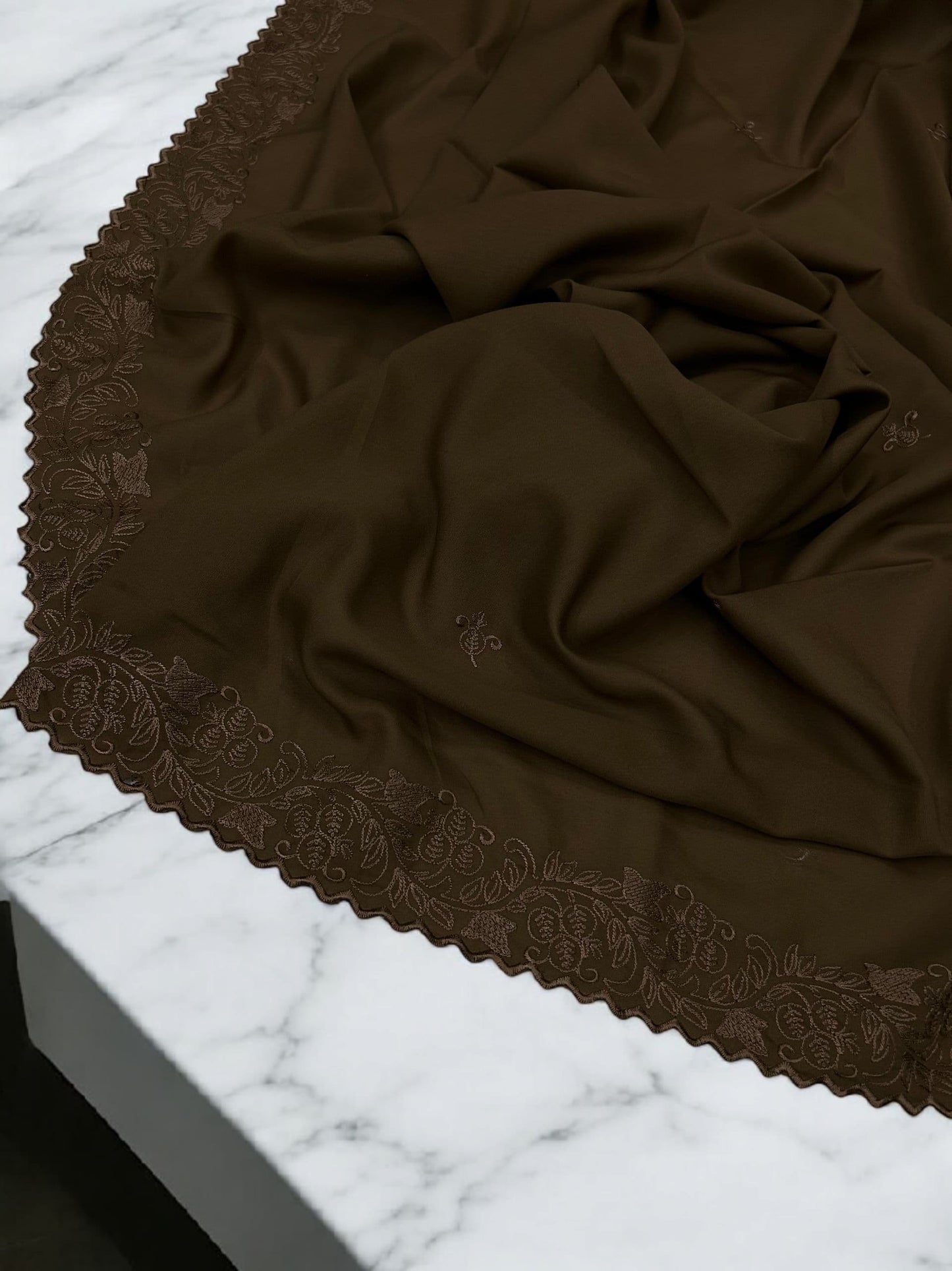 Cedar Brown Cutwork Embroidered Border Shaal