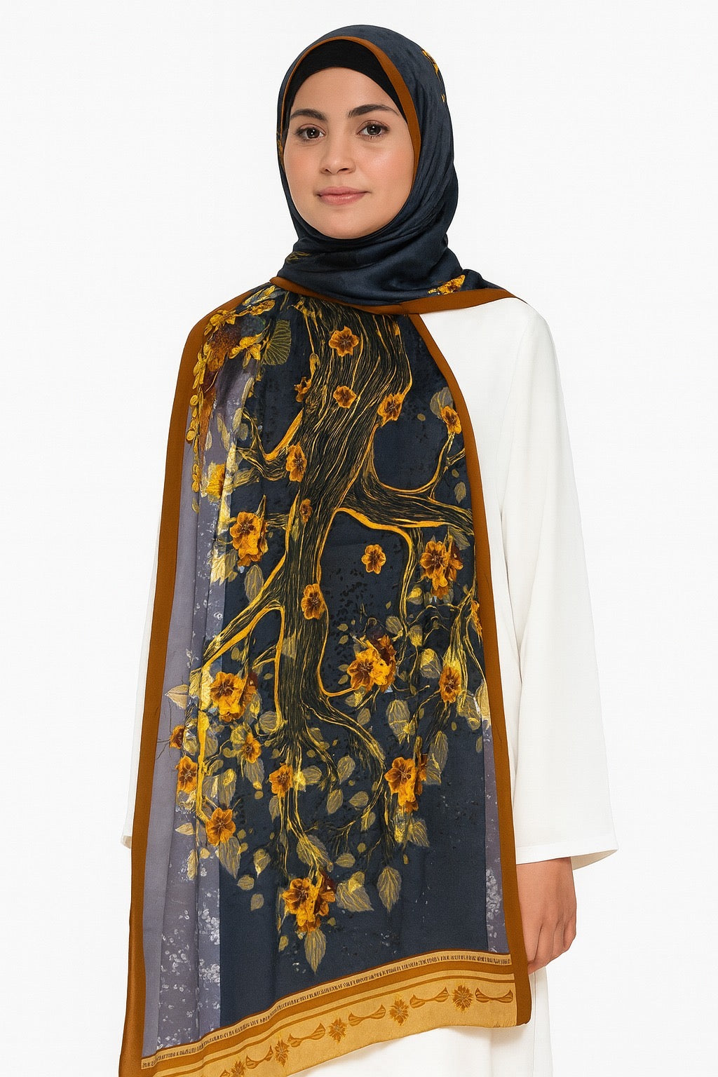 Large Satin Silk Scarf - Midnight Blue Gold Floral