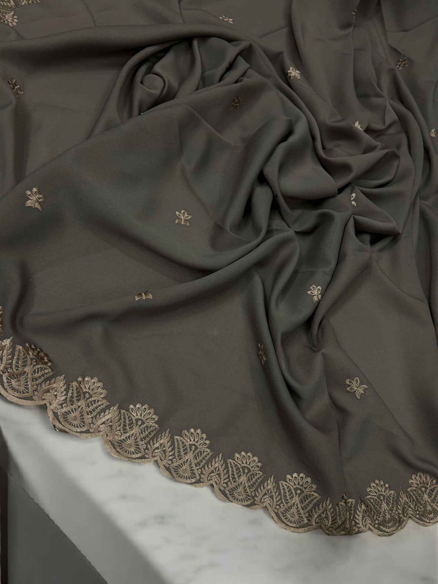 Grey Cream Cutwork Embroidered Border Shaal