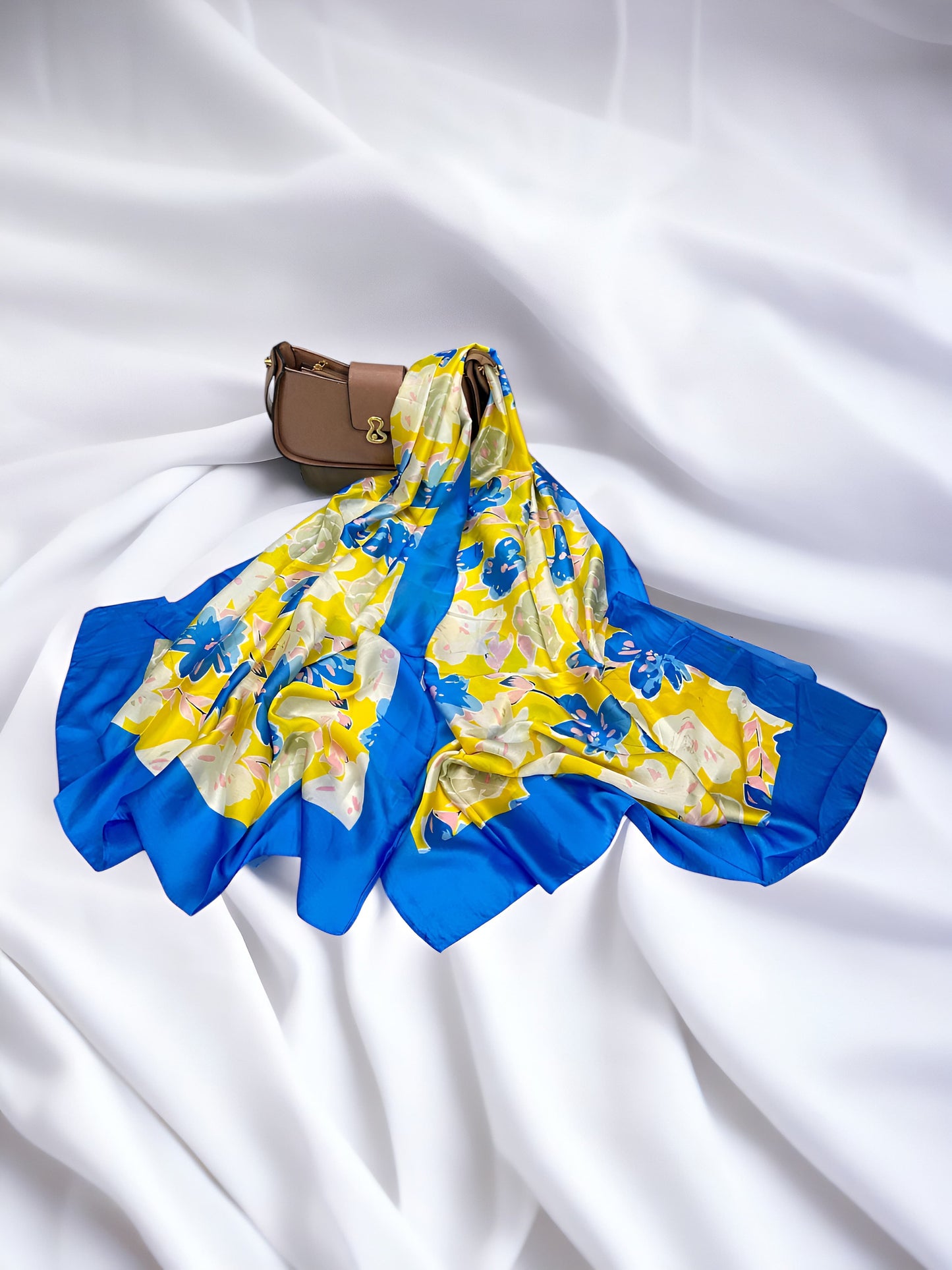 Large Satin Silk Scarf - Blue Yellow Floral