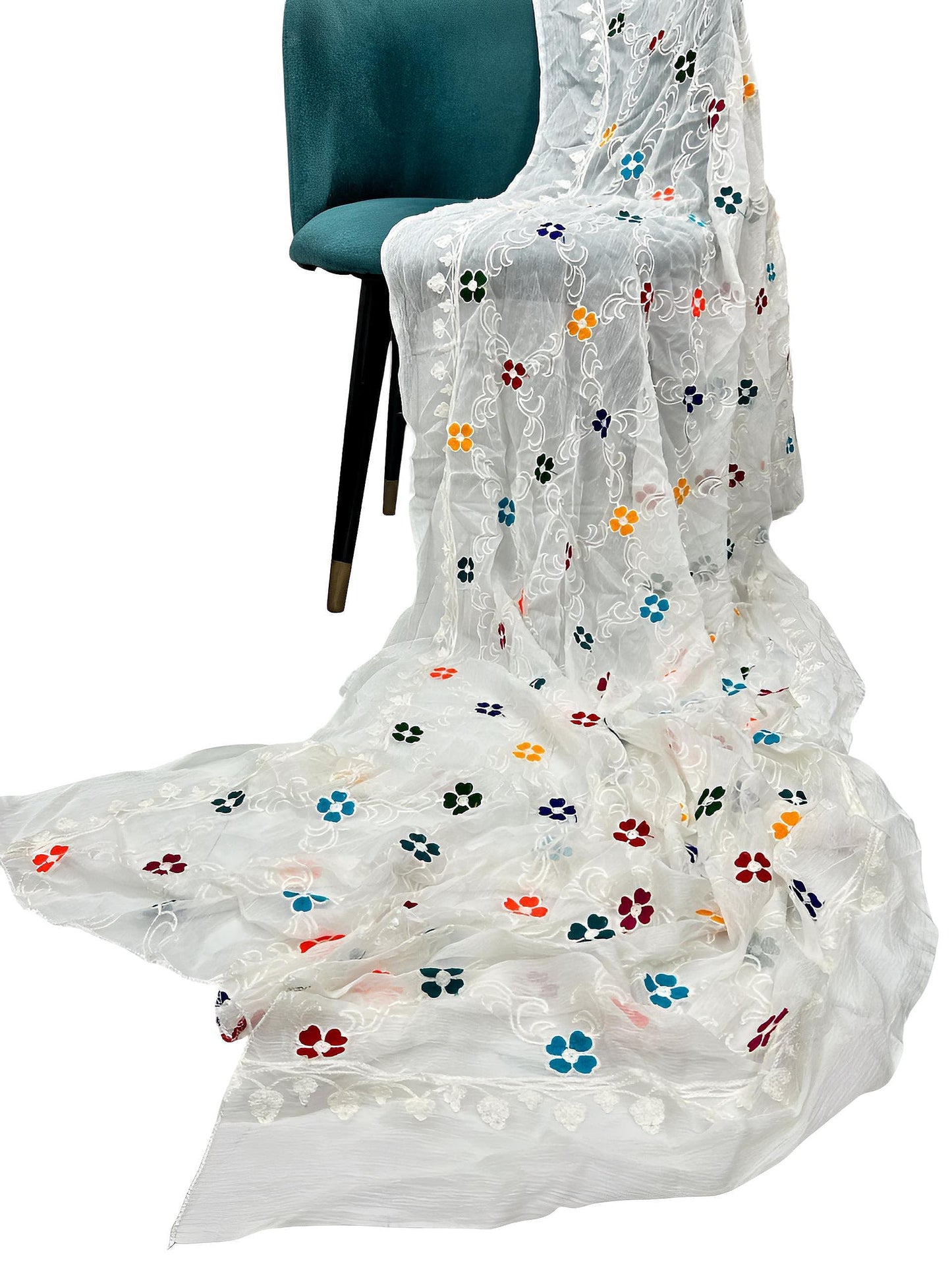 White Multi Clover Embroidered Chiffon Dupatta