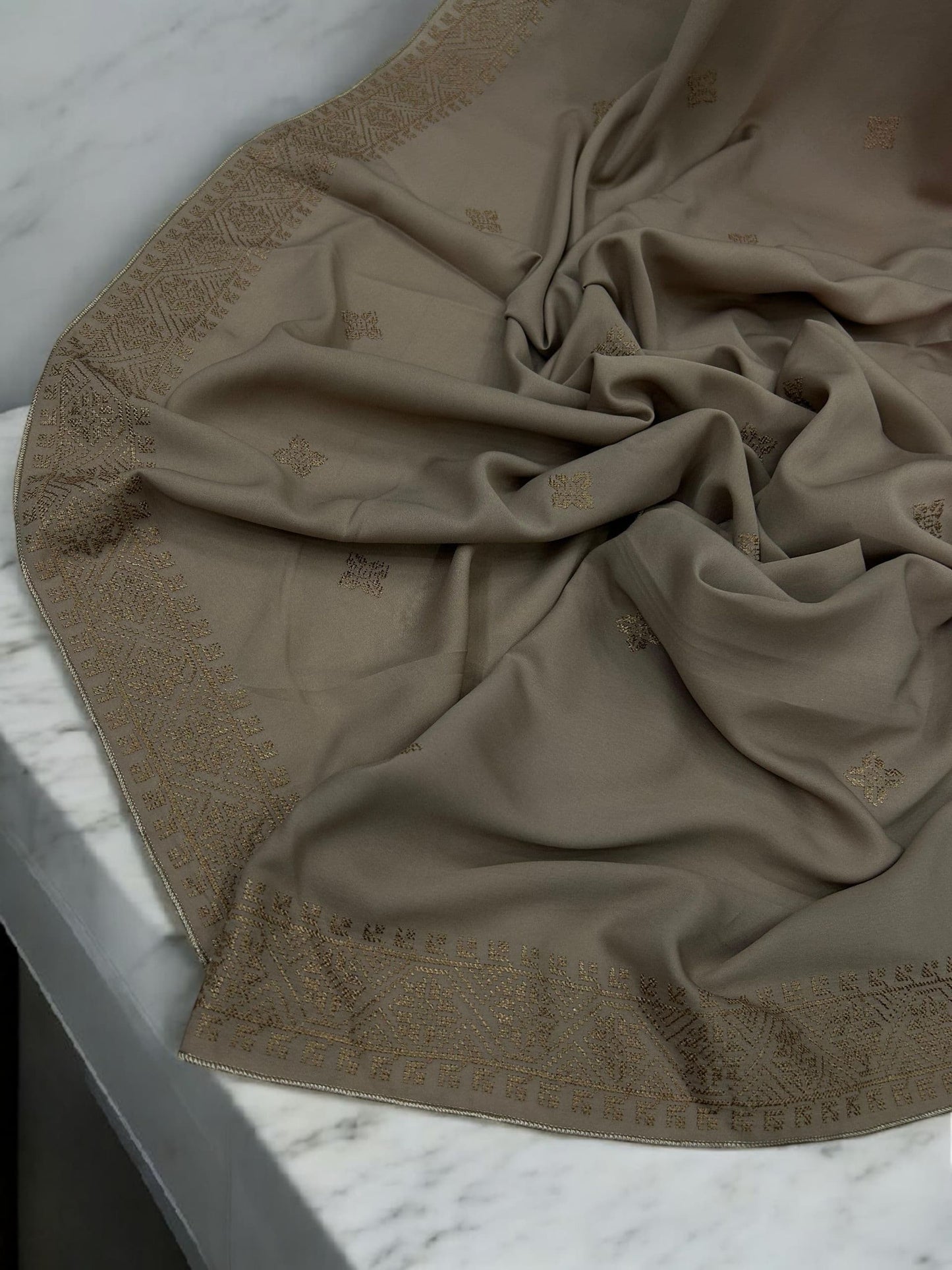 Beige Brown Mosaic Fancy Embroidered Shaal