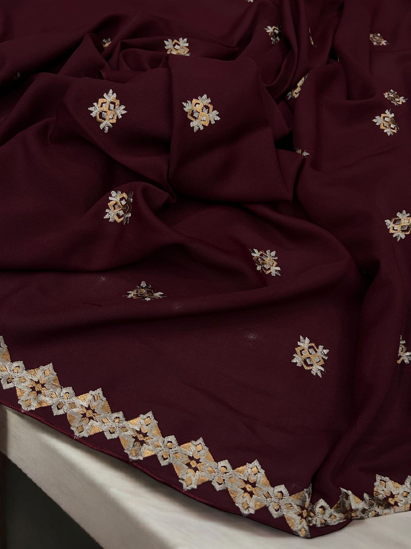 Pomegranate Maroon Peach Floral Diamond Embroidered Shaal