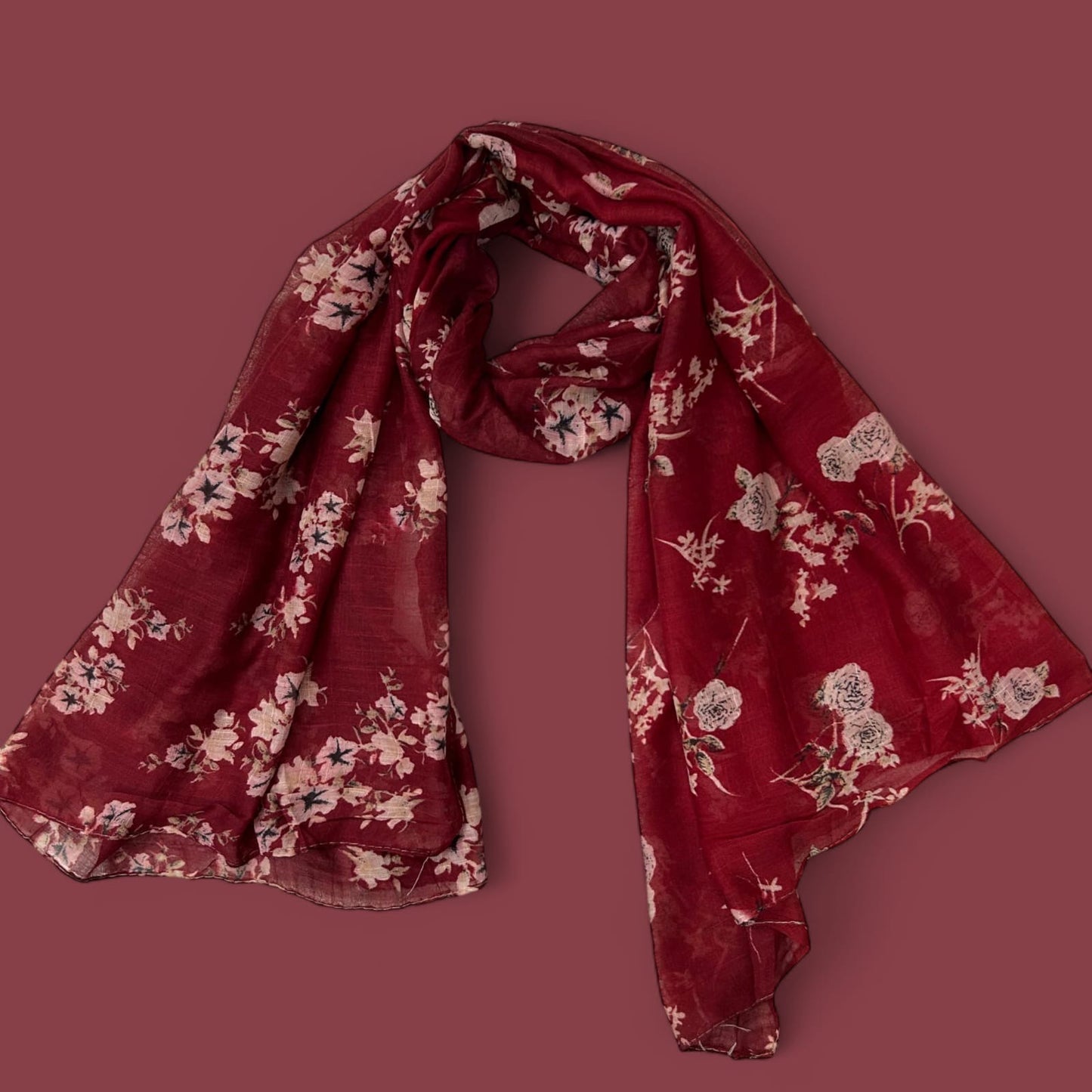 Maroon Fawn Floral Printed Lawn Hijab