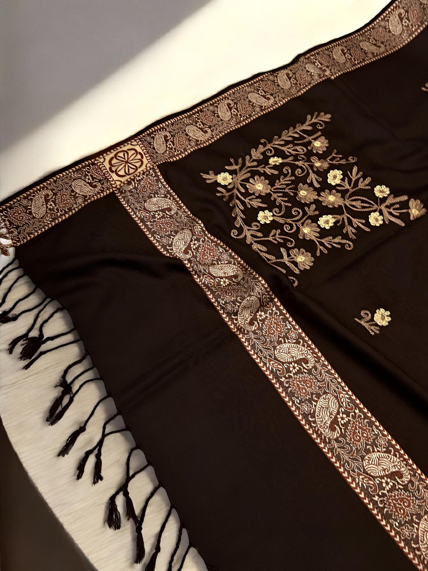 Chocolate Peach Border Embroidered Pink Floral Shawl