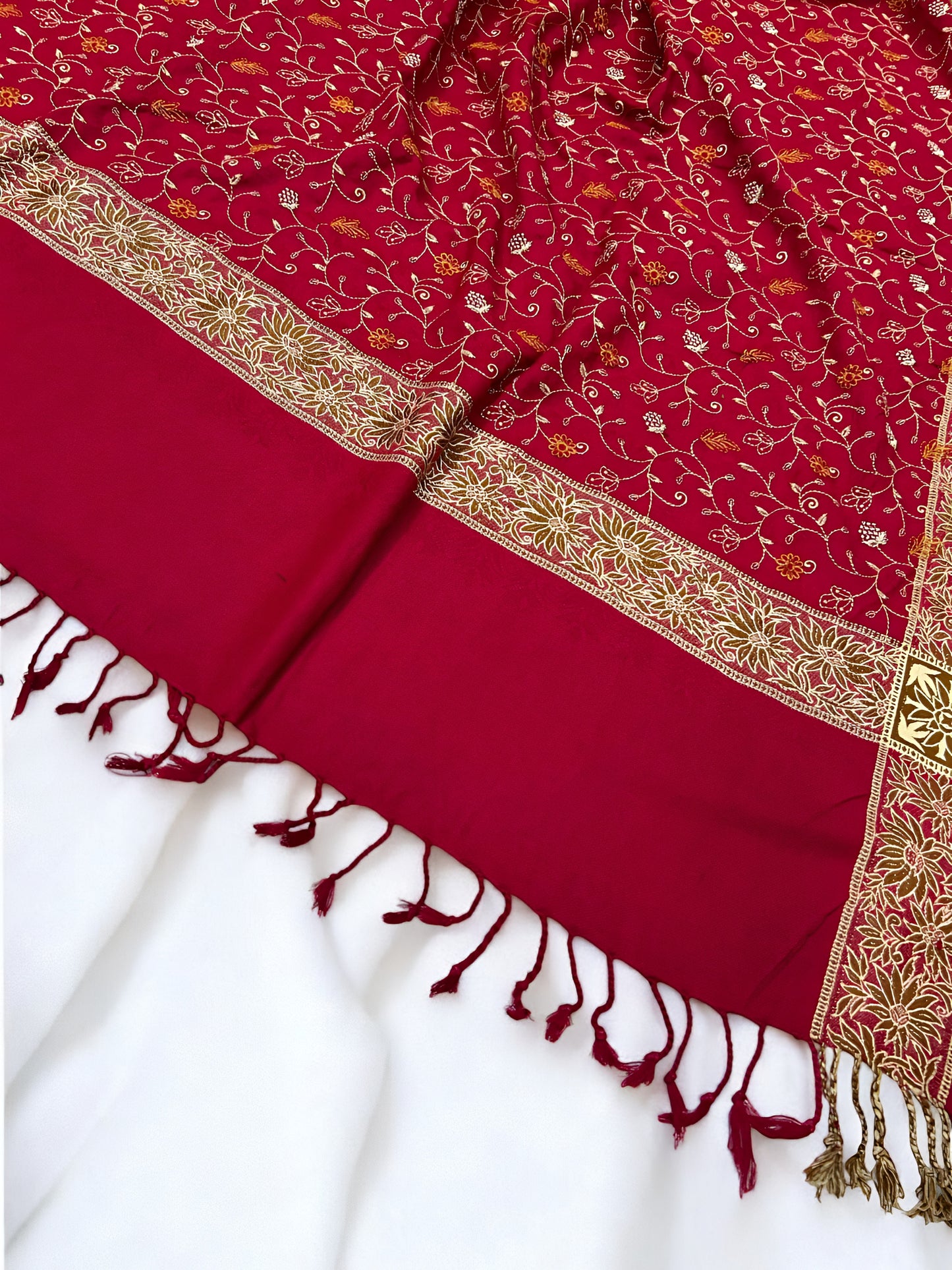 Red - Embroidered Threadwork Kashmiri Shawl