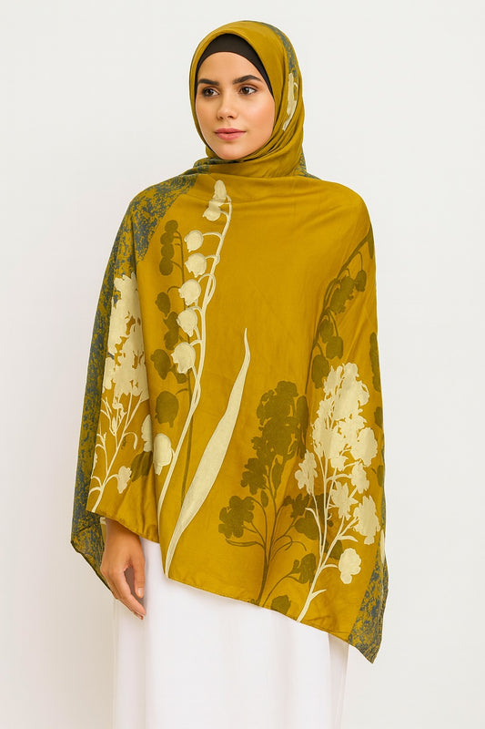 Large Satin Silk Scarf - Dull Gold Floral