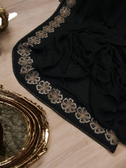 Luxury Black Sequence Cosmos Floral Border Korean Shaal