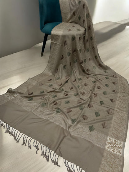 Beige Cream Border Leaf Embroidered Pashmina Shawl