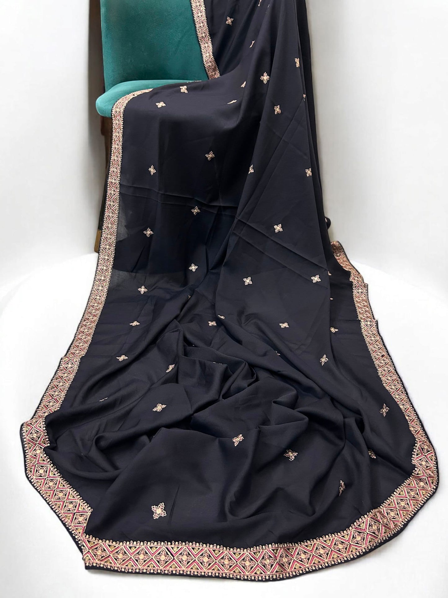 Navy Blue Diamond Double Embroidered Shaal