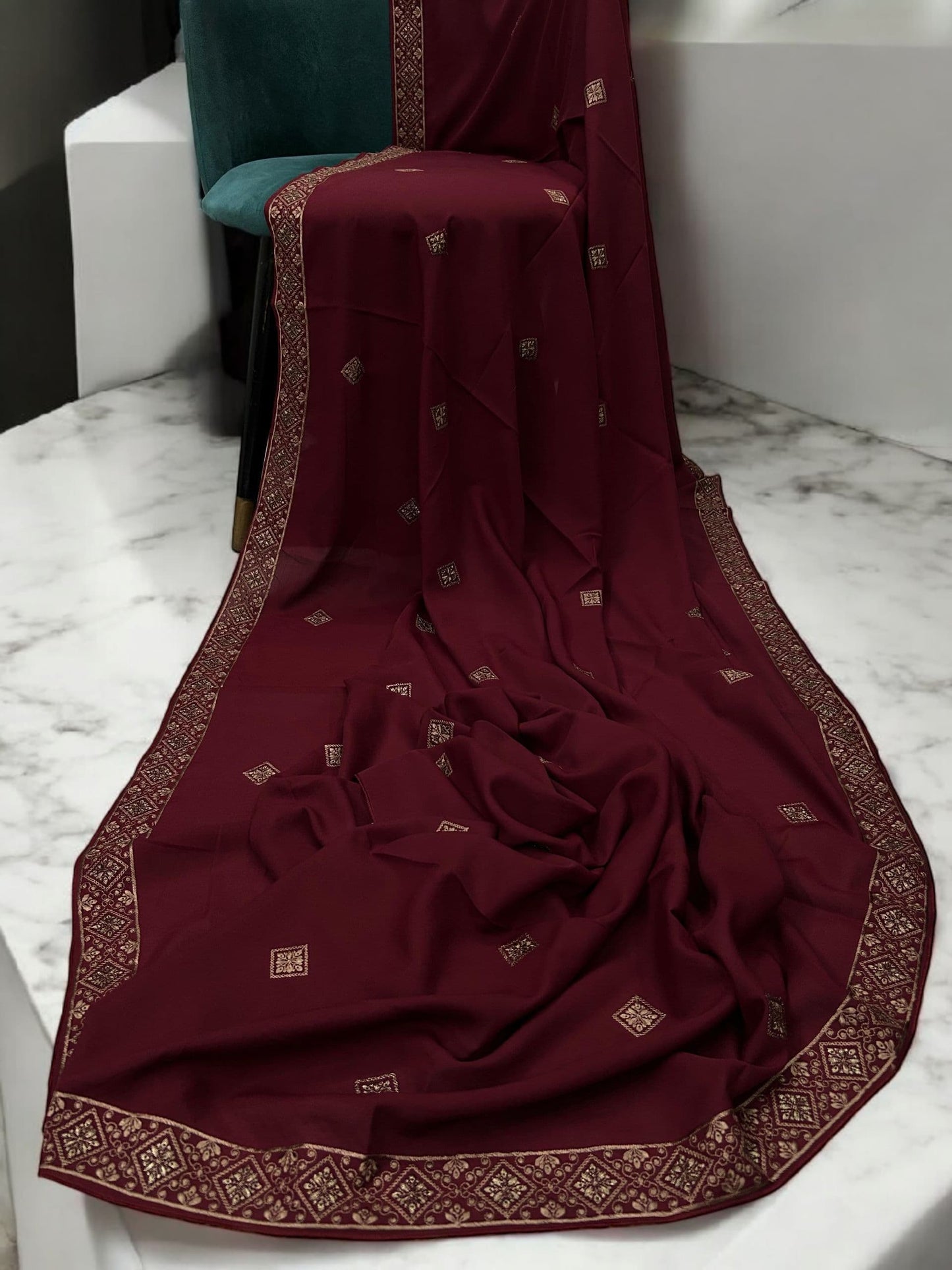 Red Squares Threadwork Embroidered Border Shaal