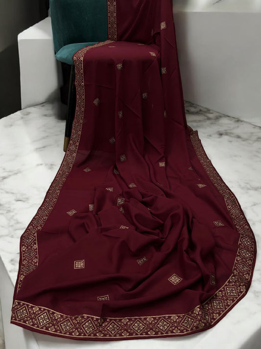 Red Squares Threadwork Embroidered Border Shaal