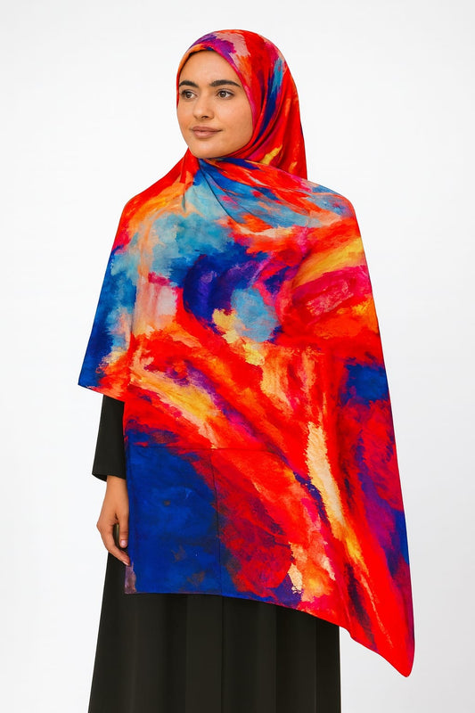 Large Satin Silk Scarf - Flame Red Blue