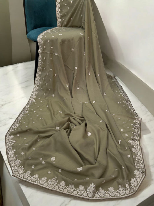 Peanut Cream White Floral Embroidered Border Shaal