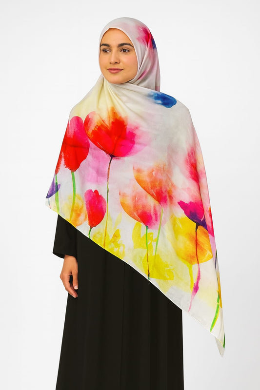 Large Satin Silk Scarf - White Pink Yellow Tulip