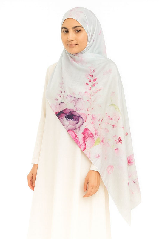 Large Satin Silk Scarf - Cloudy White Pink Floral