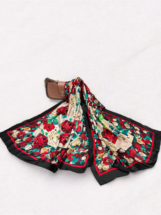 Large Satin Silk Scarf - Black Red Multi Floral