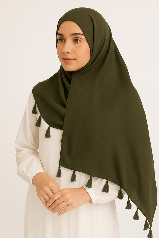 Olive Green - Lawn Tassel Hijab