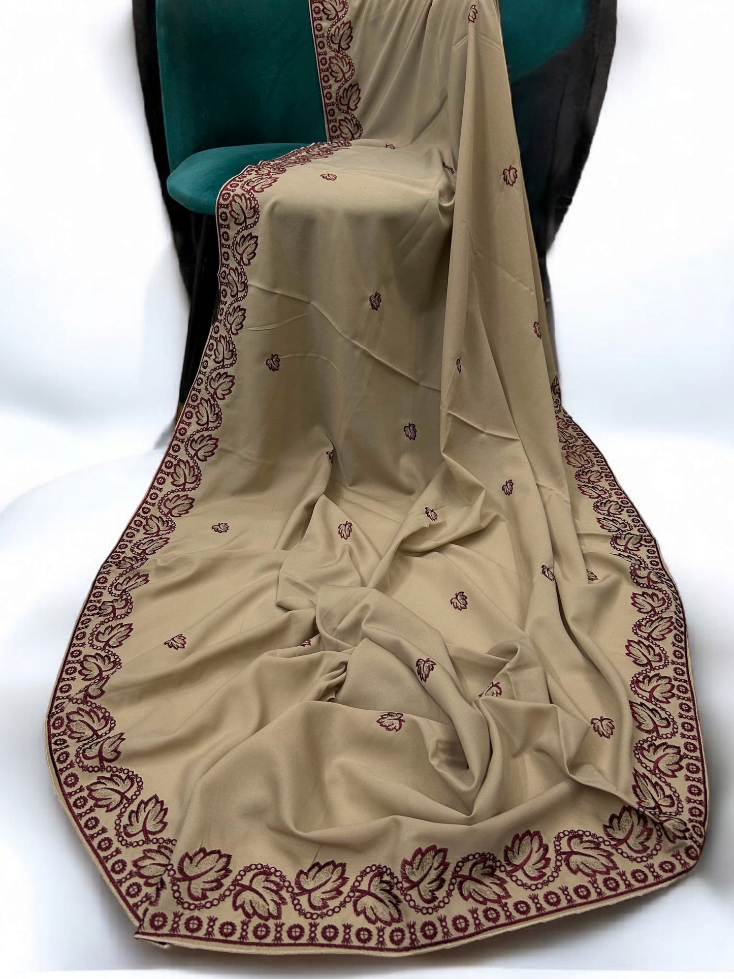 Khaki Maroon Leaflets Fancy Embroidered Shaal