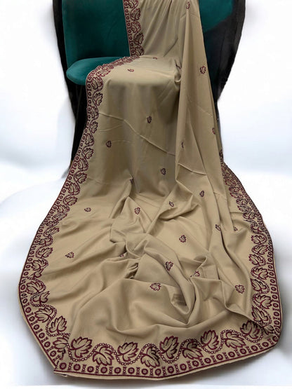 Khaki Maroon Leaflets Fancy Embroidered Shaal
