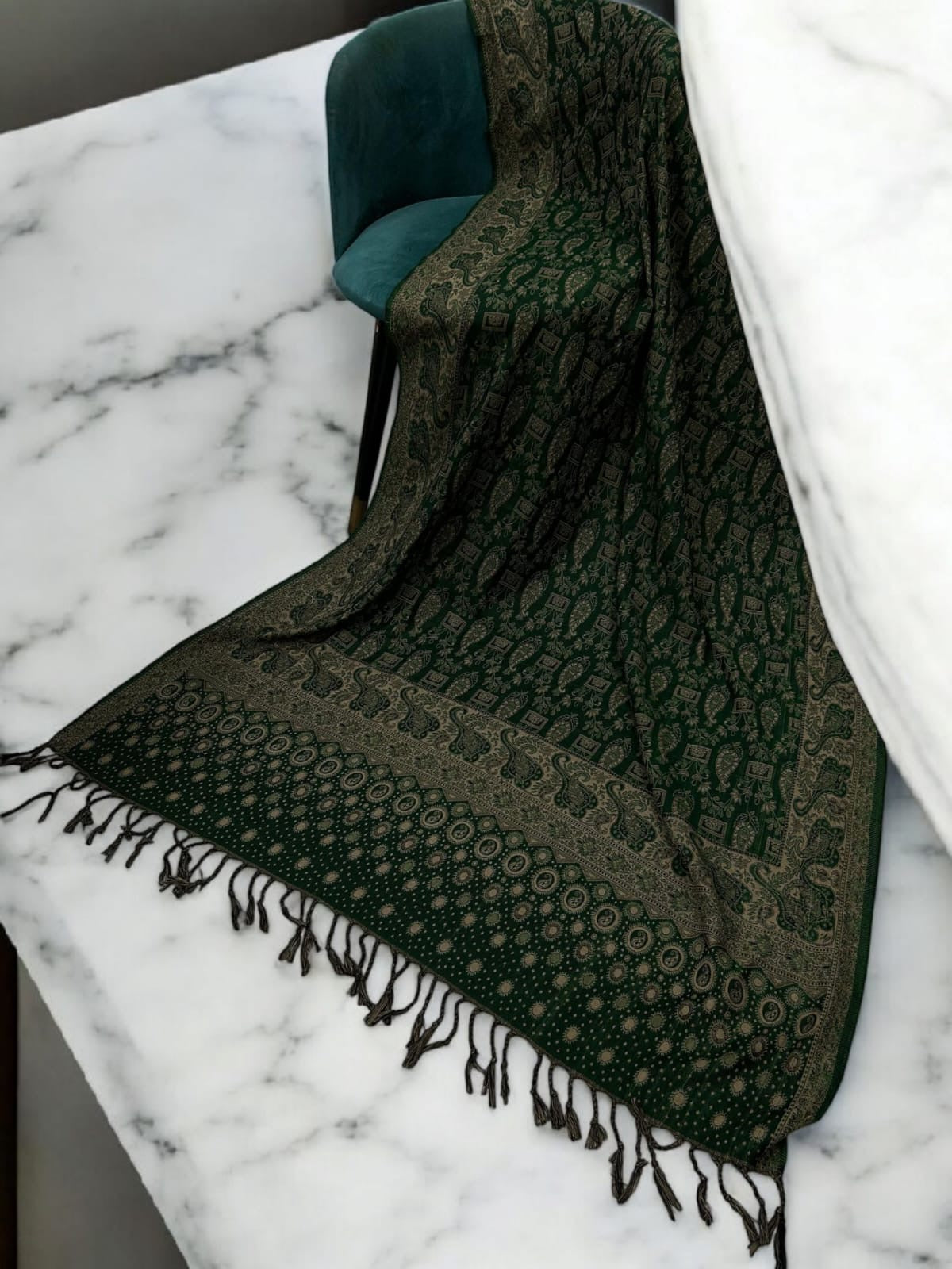 Dotted Paisley Pashmina Shawl - Forest Green Beige