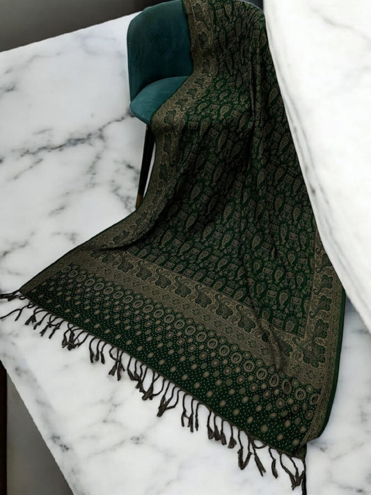 Dotted Paisley Pashmina Shawl - Forest Green Beige