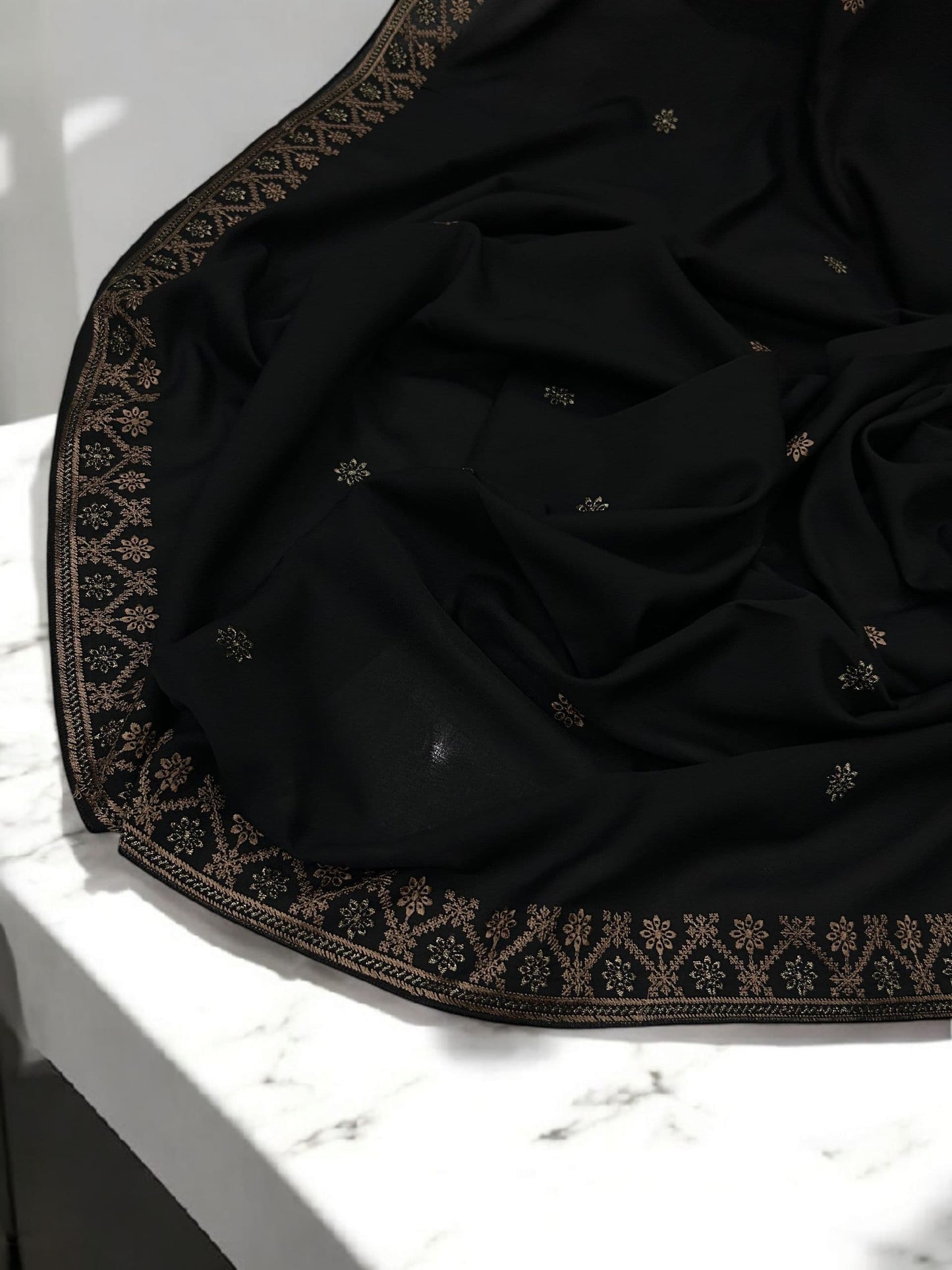 Black Flowers Threadwork Embroidered Border Shaal