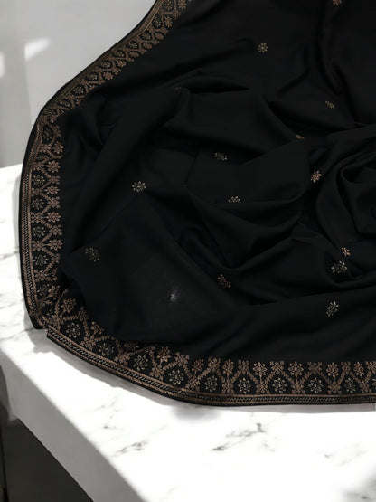 Black Flowers Threadwork Embroidered Border Shaal