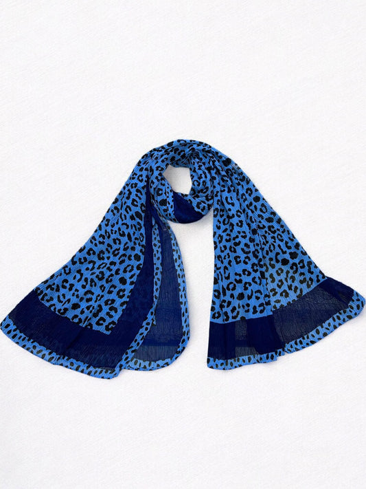 Pool Blue Plain Border Leopard Printed Pleated Modal Hijab
