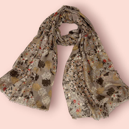 Taupe Brown Floral Printed Modal Hijab