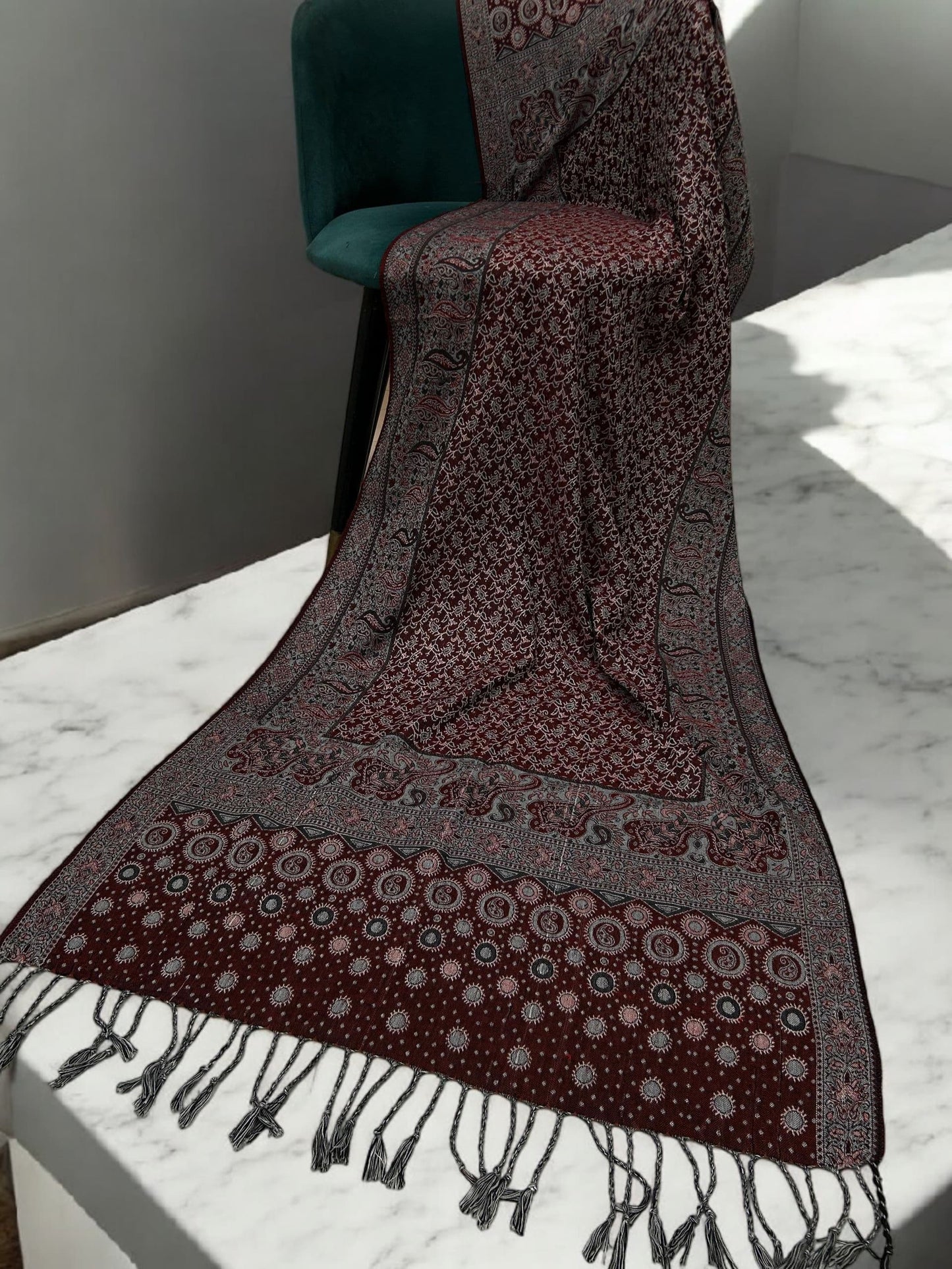 Maroon Pink Silver Dotted Two-tone Paisley Pashmina Hijab