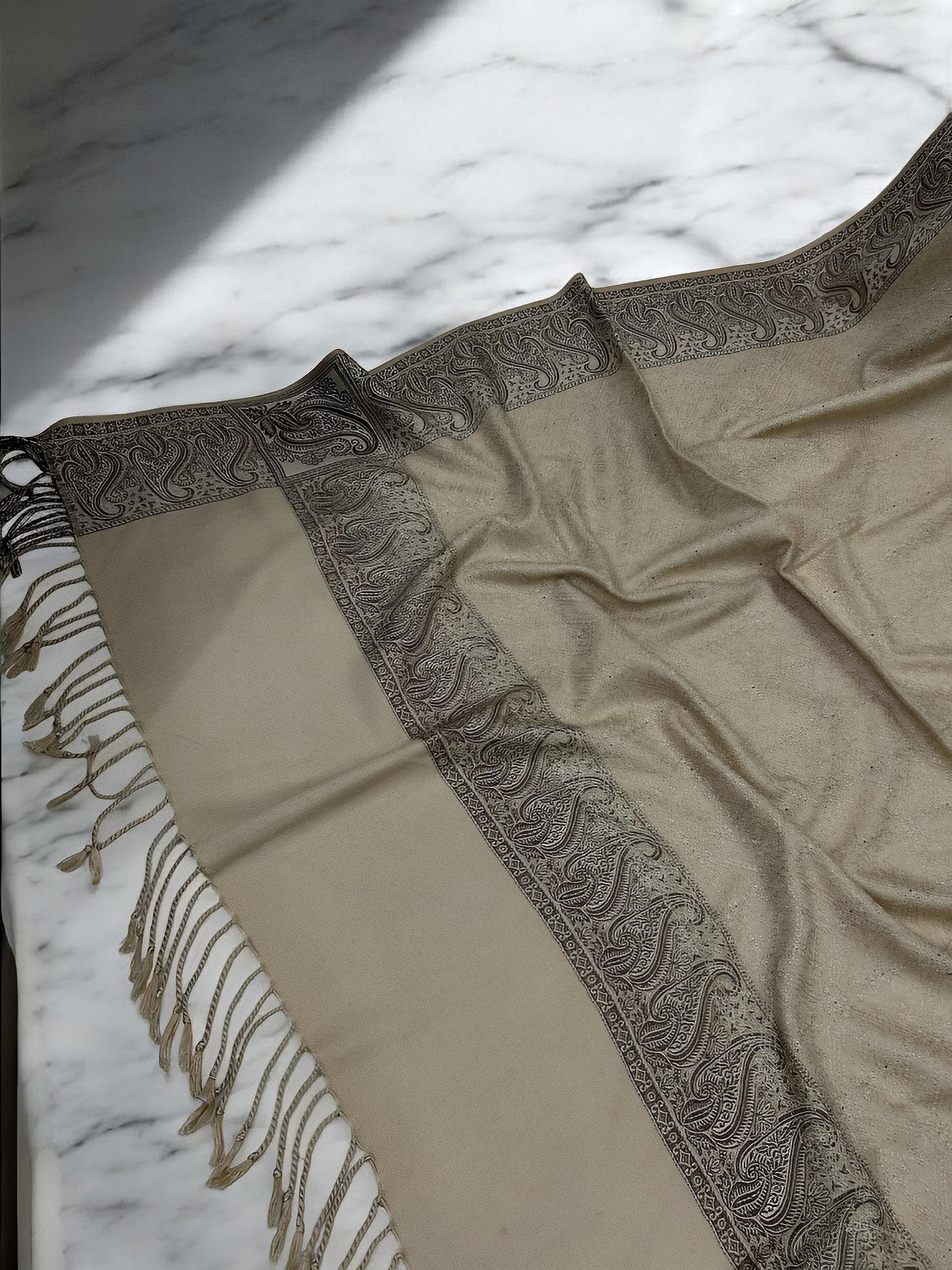 Khaki Brown Border Hand Embroidered Pashmina Shawl