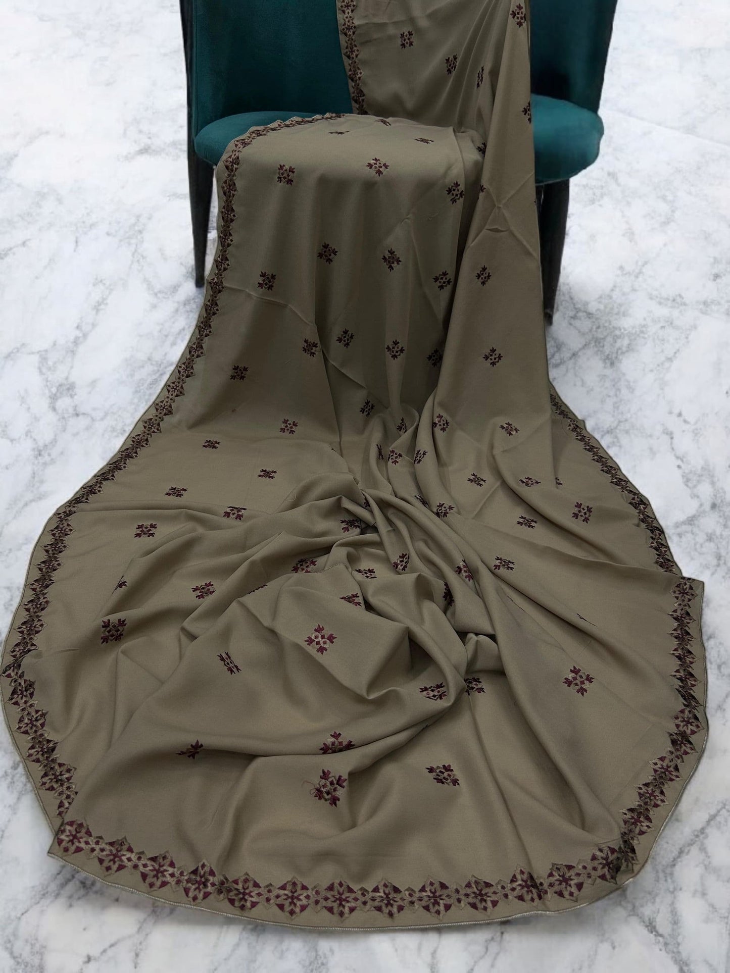 Khaki Maroon Floral Diamond Embroidered Shaal