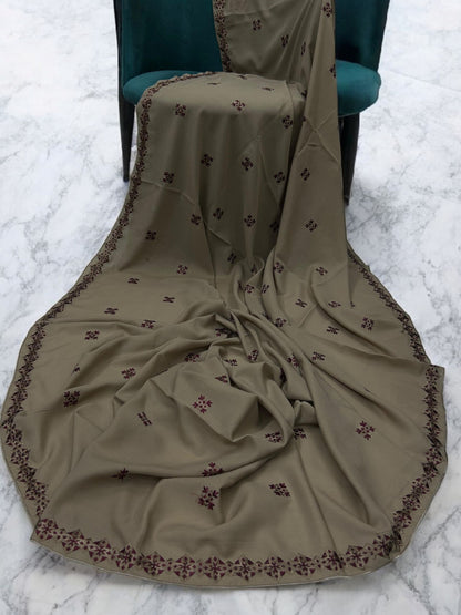 Khaki Maroon Floral Diamond Embroidered Shaal