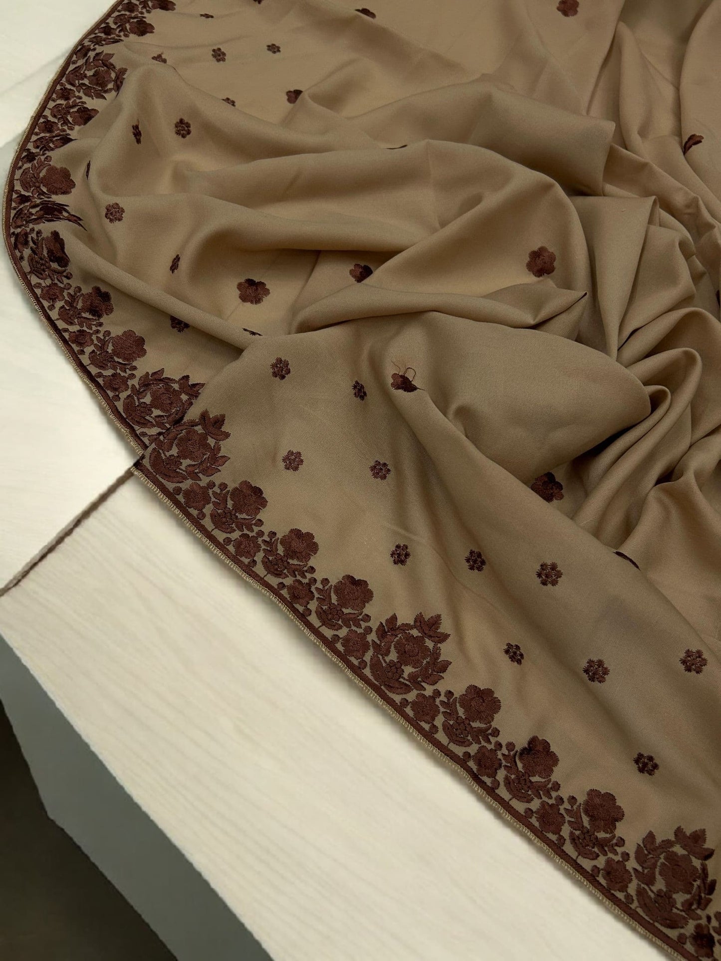 Biscuit Brown Dark Floral Embroidered Border Shaal