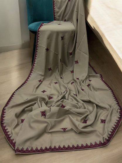 Khaki Maroon Curved Floral Border Shaal