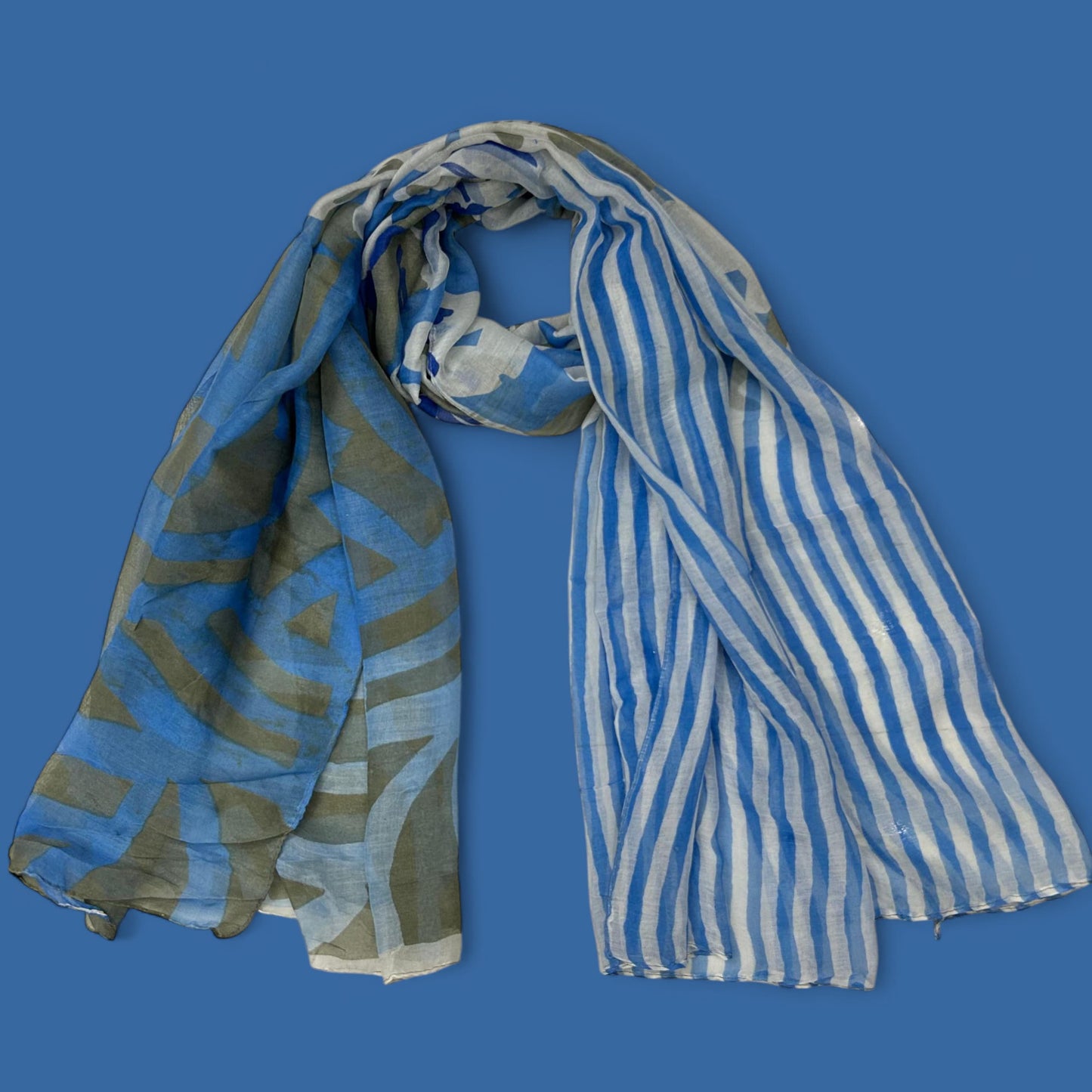 Blue Grey Striped Printed Lawn Hijab