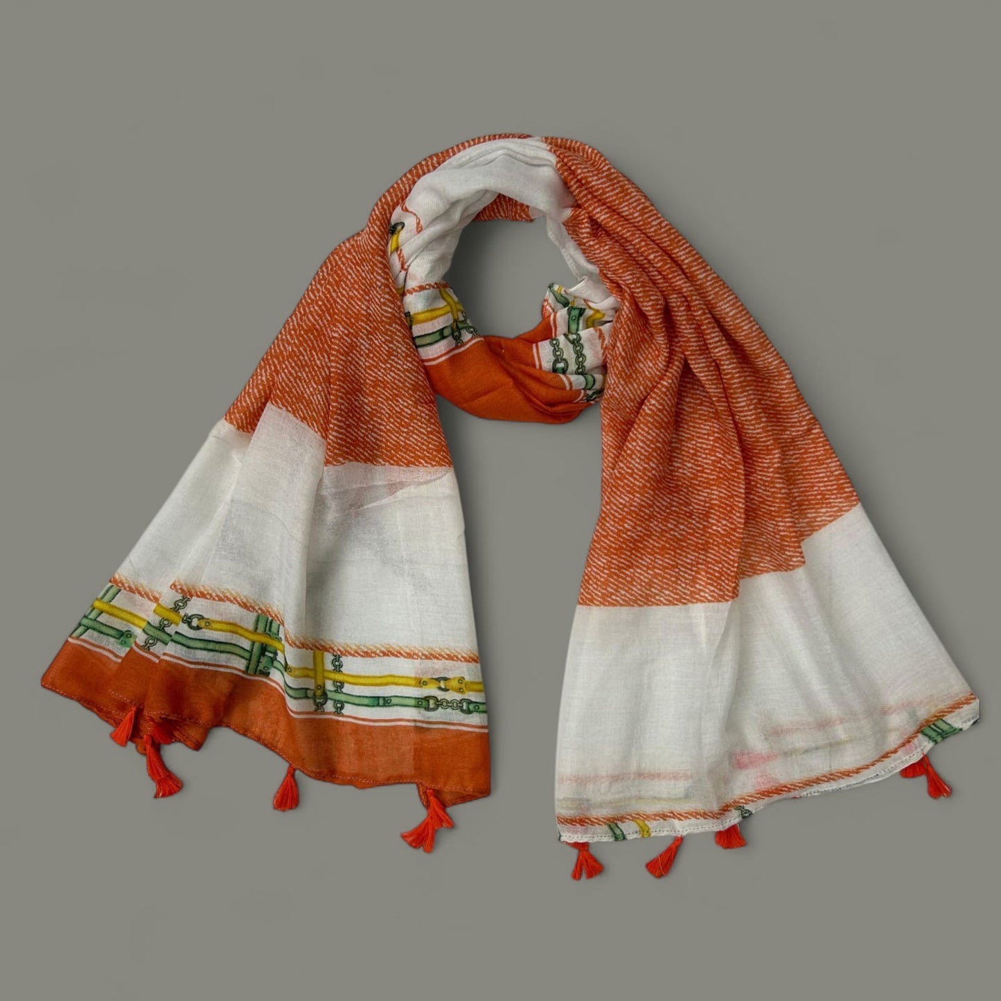 White Orange Anchorage Printed Lawn Tassel Hijab