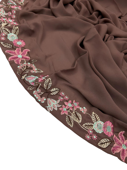 Luxury Russet Brown Floral Border Korean Shaal