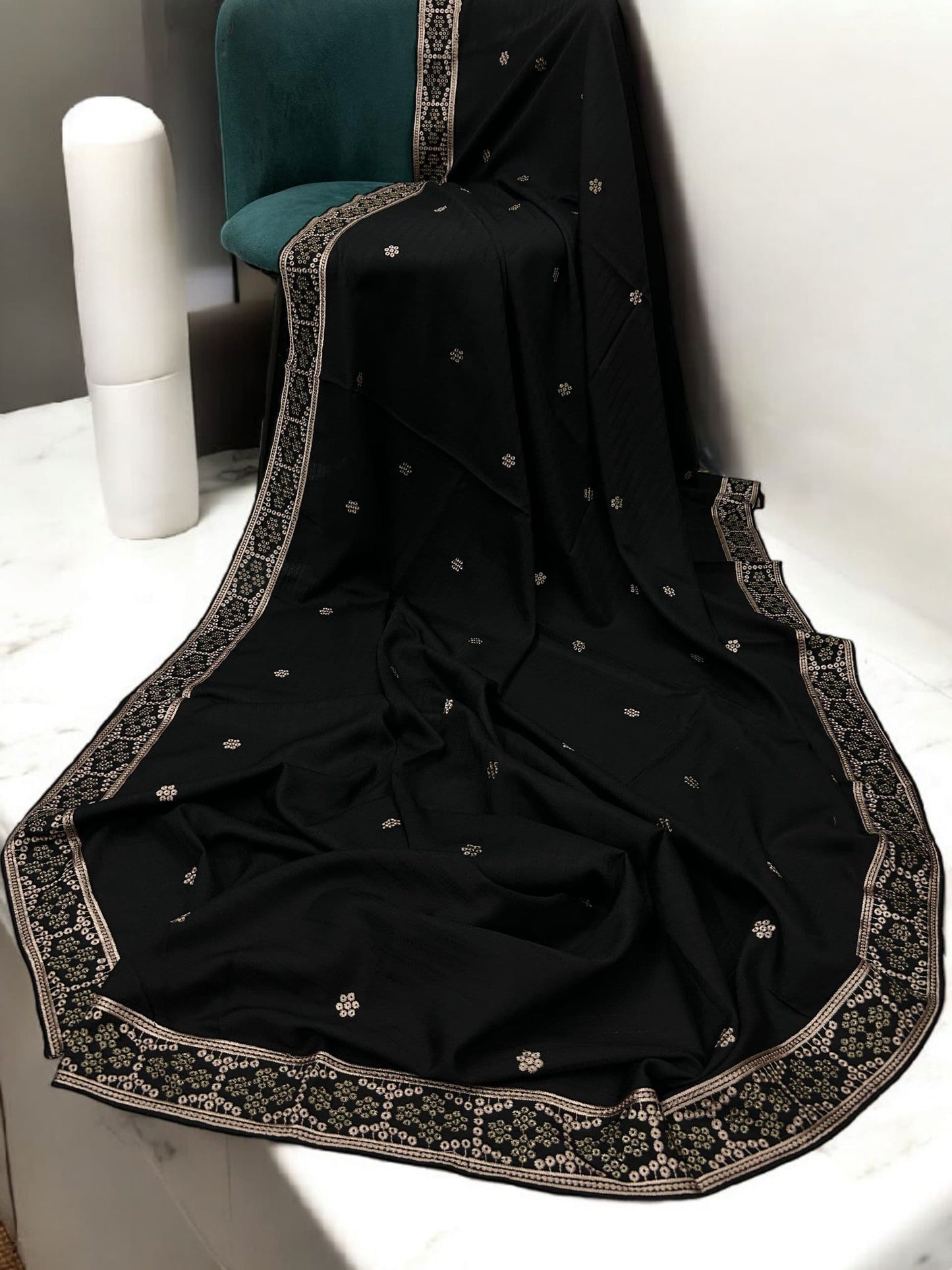 Black Cream Honeycomb Fancy Self Embroidered Shaal