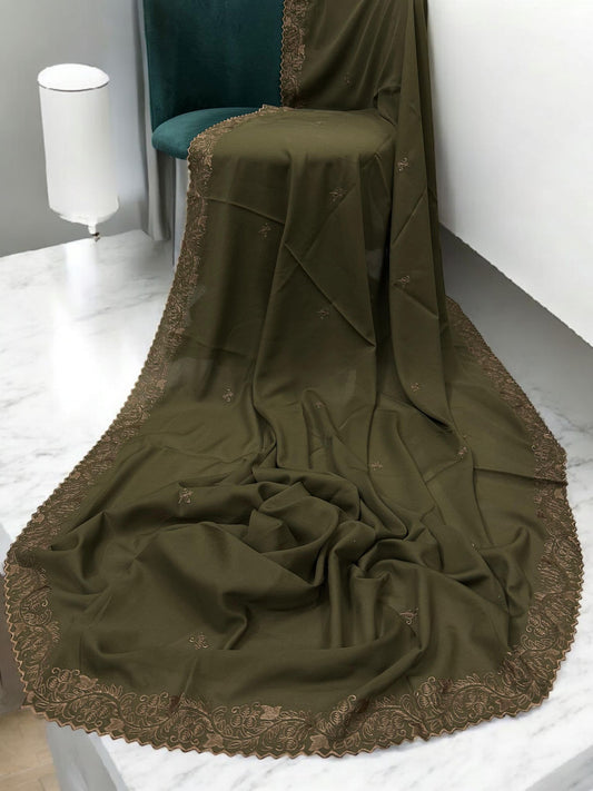 Sepia Brown Rosegold Cutwork Embroidered Border Shaal