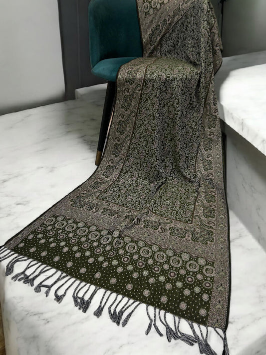 Avocado Green Fawn Silver Dotted Two-tone Paisley Pashmina Hijab