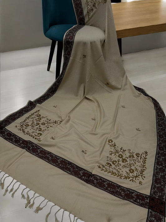 Khaki Mahogany Border Embroidered Brown Floral Pashmina Shawl