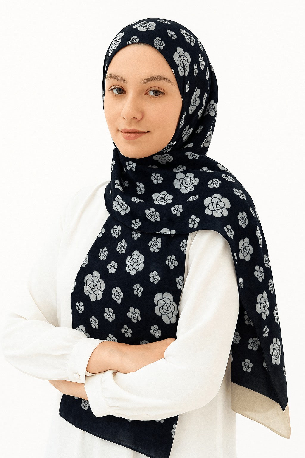 Branded White Flowers Printed Modal Hijab