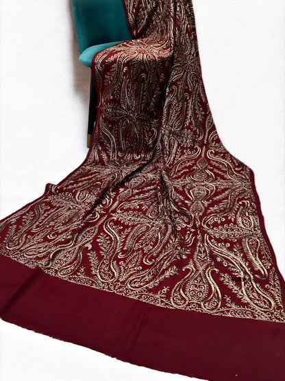 Maroon Grey - Embroidered Paisley Kashmiri Shawl