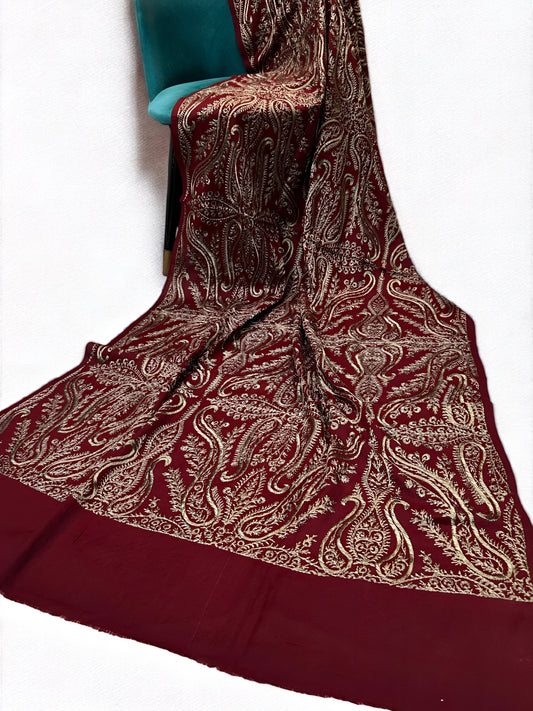 Maroon Grey - Embroidered Paisley Kashmiri Shawl