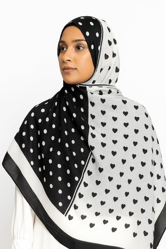 Branded White Black Hearts Printed Modal Hijab