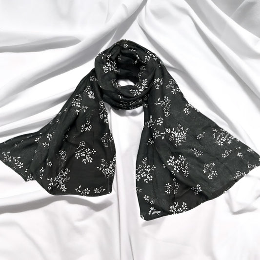 Black Grey Orchids Printed Modal Hijab