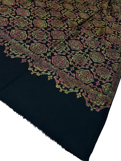 Black Multi - Damask Hand-Embroidered Kashmiri Shawl